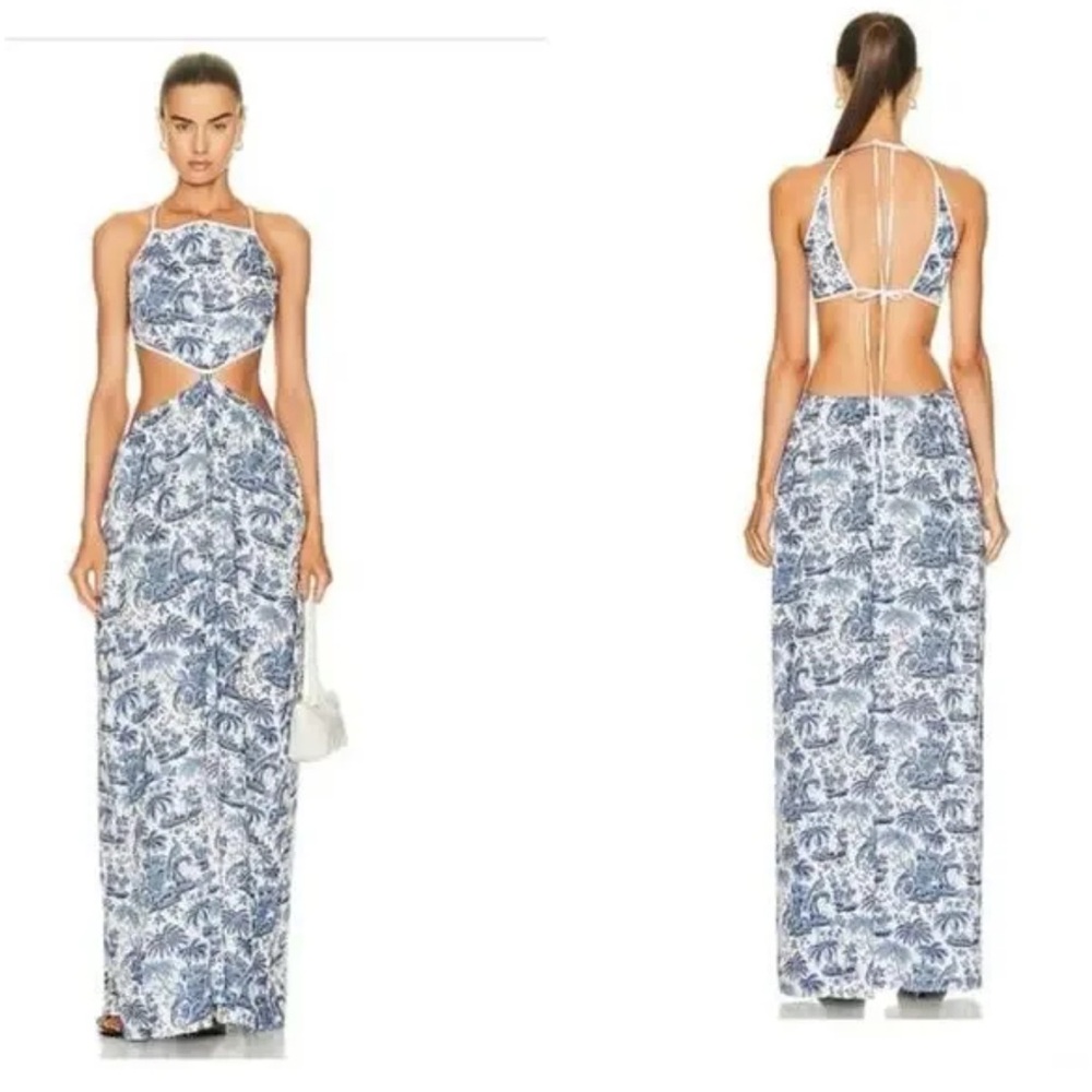 STAUD Blue and White Backless Maxi Dress